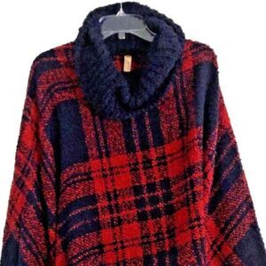 Tartan Plaid Fringe Poncho OSFA Cowl Neck Navy Red Velour Sweater Comfy Soft